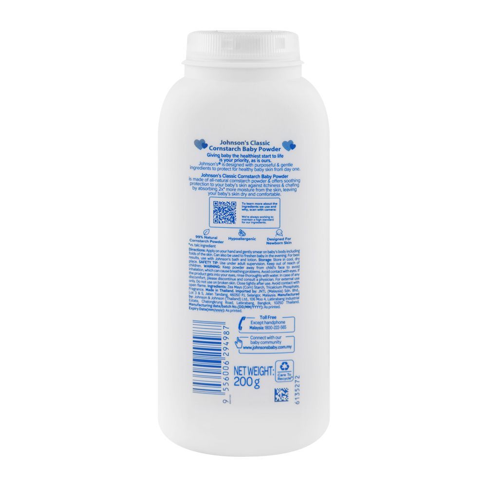 Johnson's Classic Cornstarch Baby Powder, Paraben & Phthalates Free, 200g, Thai