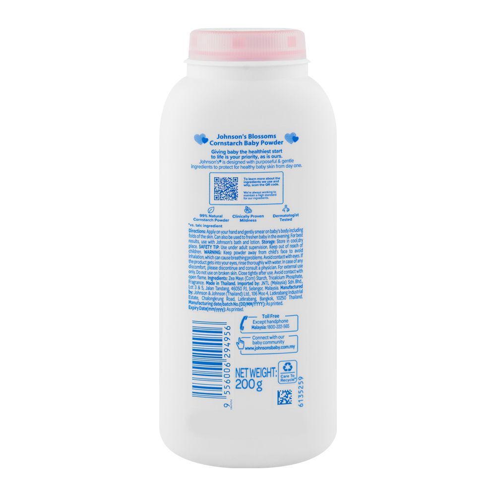 Johnson's Blossom Cornstarch Baby Powder, Paraben & Phthalates Free, 200g, Thai