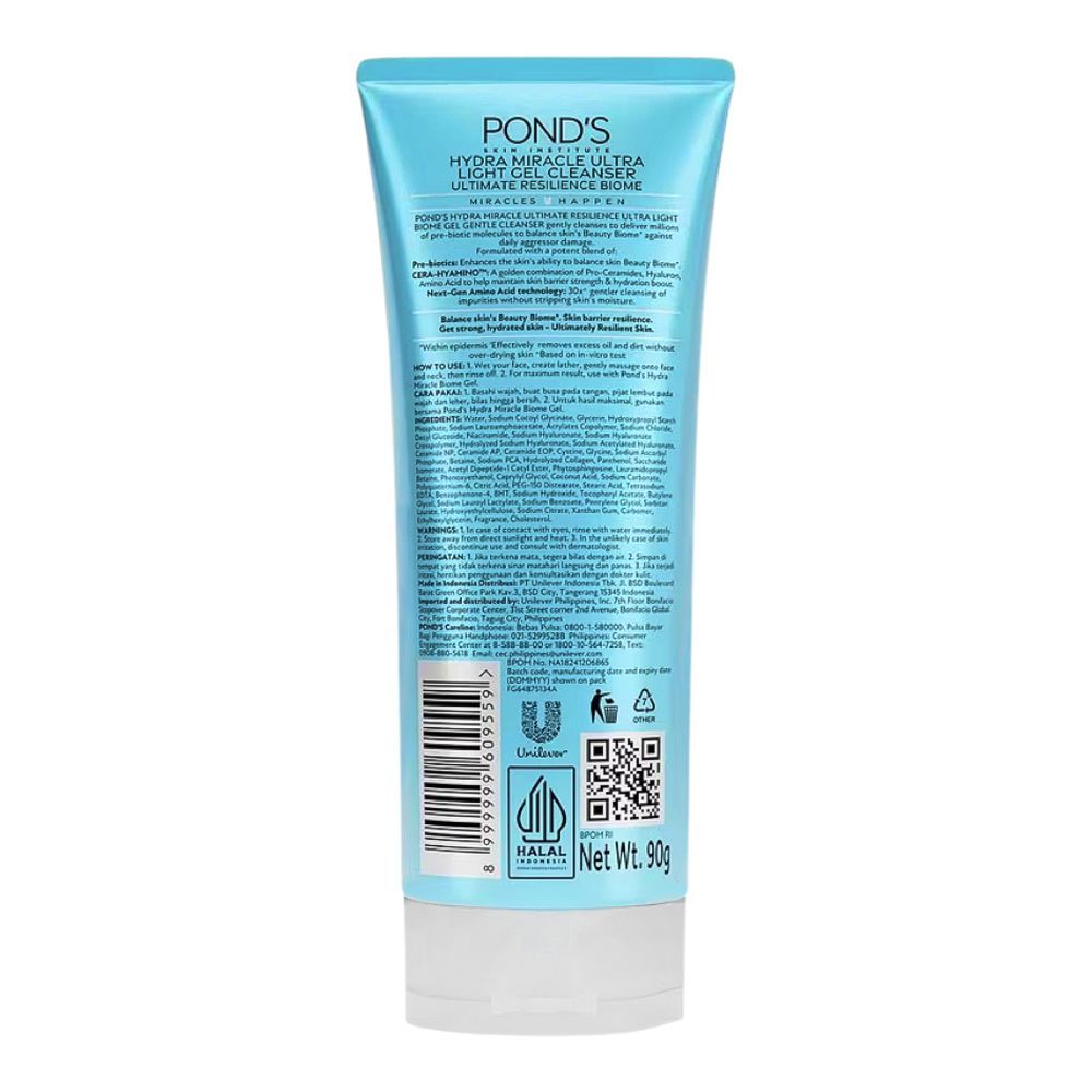 Pond's Bright Miracle Cera-Hyamino Ultra Light Biome Gel Gentle Cleanser, For Hydrated Skin, 90g