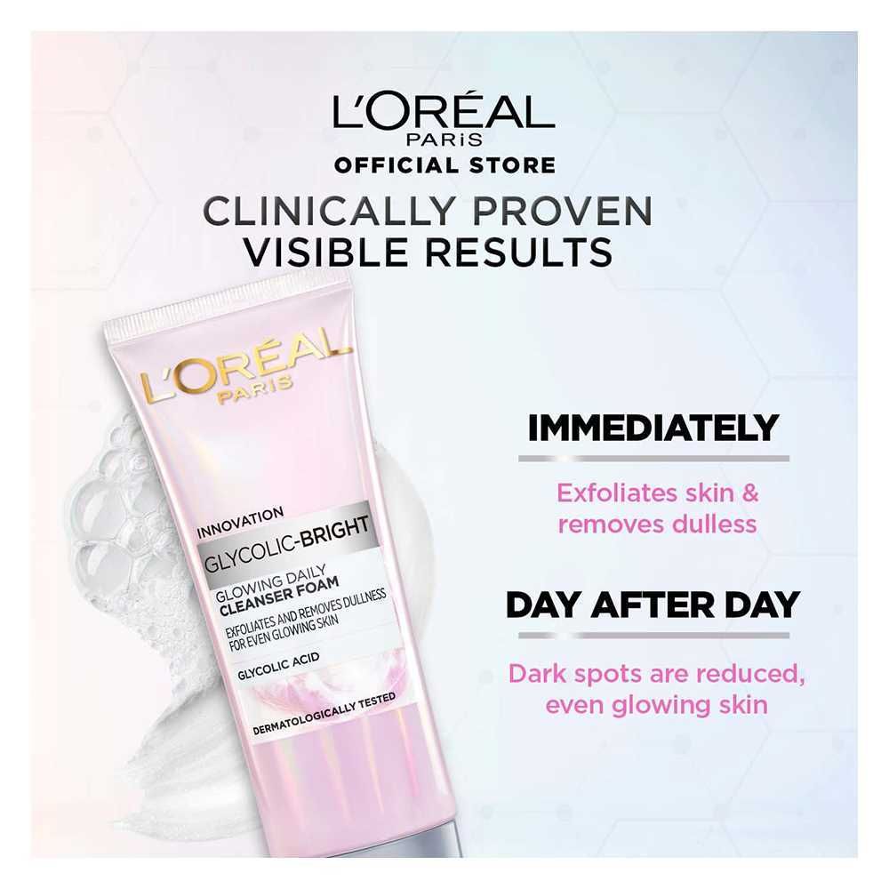 L'Oreal Paris Glycolic-Bright Glowing Daily Face Wash, For Even Glowing Skin, 100ml -