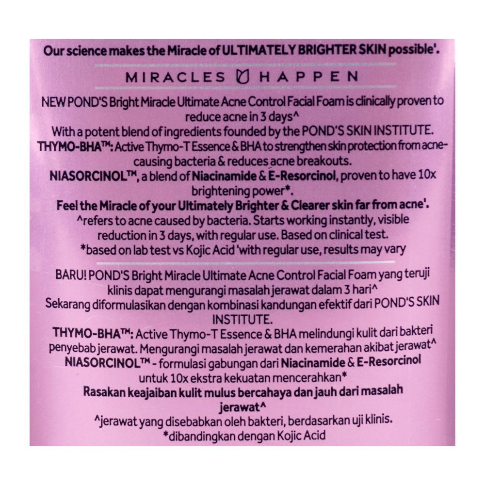 Pond's Bright Miracle Ultimate Acne Control Facial Foam With THYMO-BHA, 100g